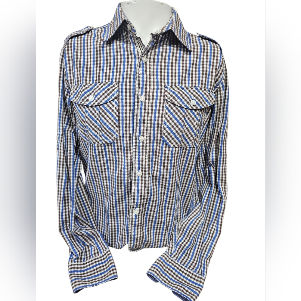Paper‎ Denim & Cloth Men’s Medium Button-Down Shirt Brown Blue Check Plaid